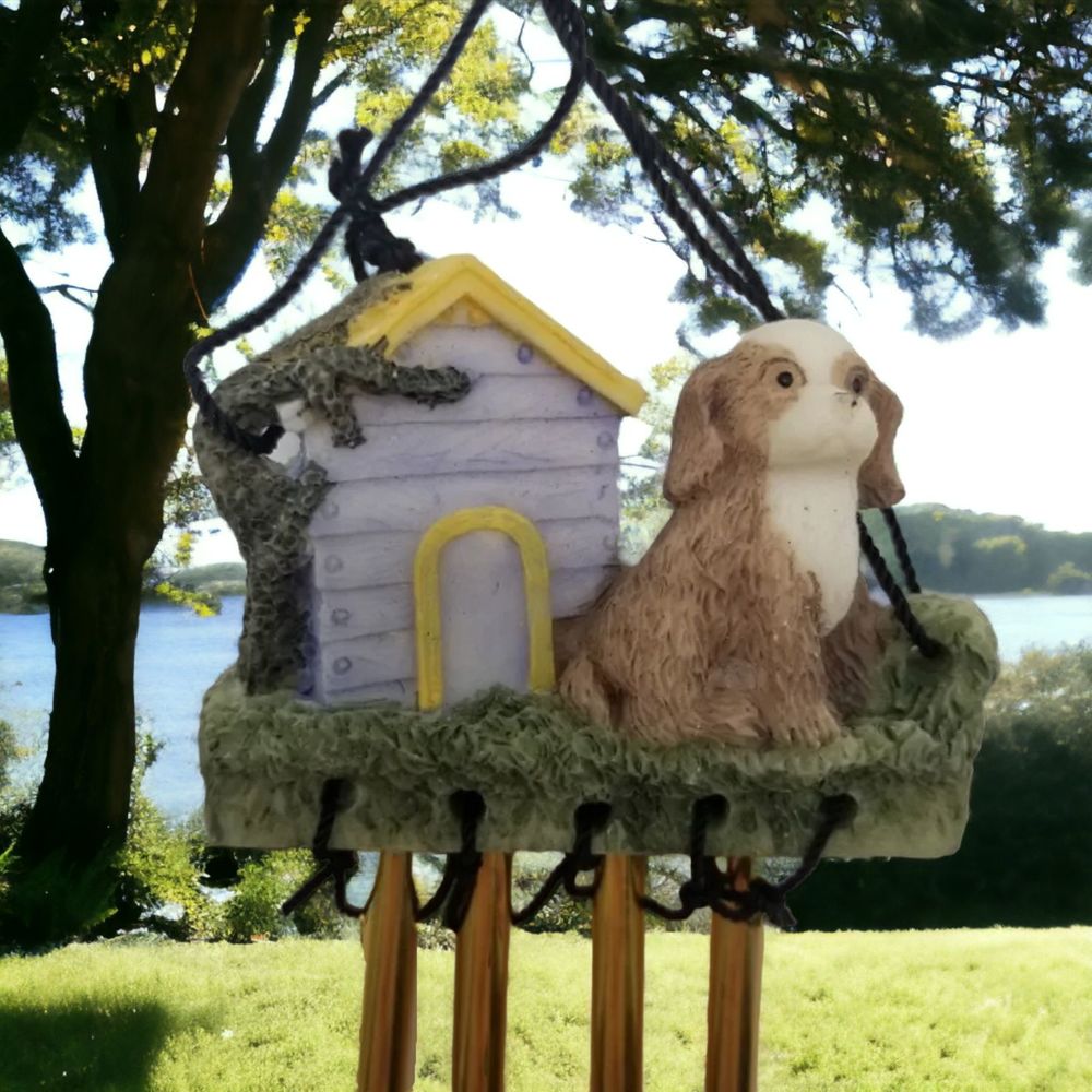 Brown Puppy with Yellow Roof Dog House Metal Rod Wind Chimes Resin